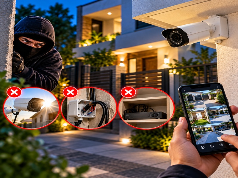 Cámara de seguridad domo instalada en la fachada de un negocio