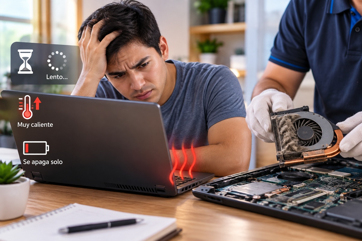 Técnico de Digitaltei limpiando el ventilador de una laptop