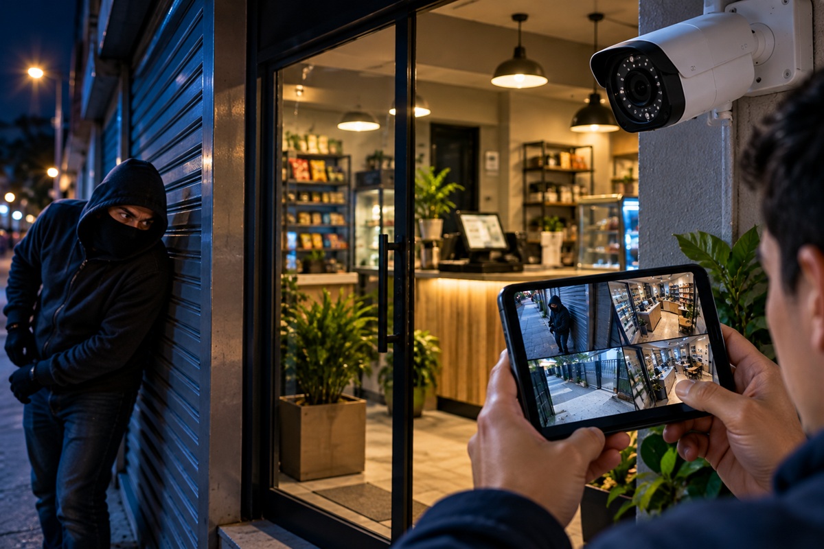 Vista nocturna de cámara de seguridad monitoreando un local comercial